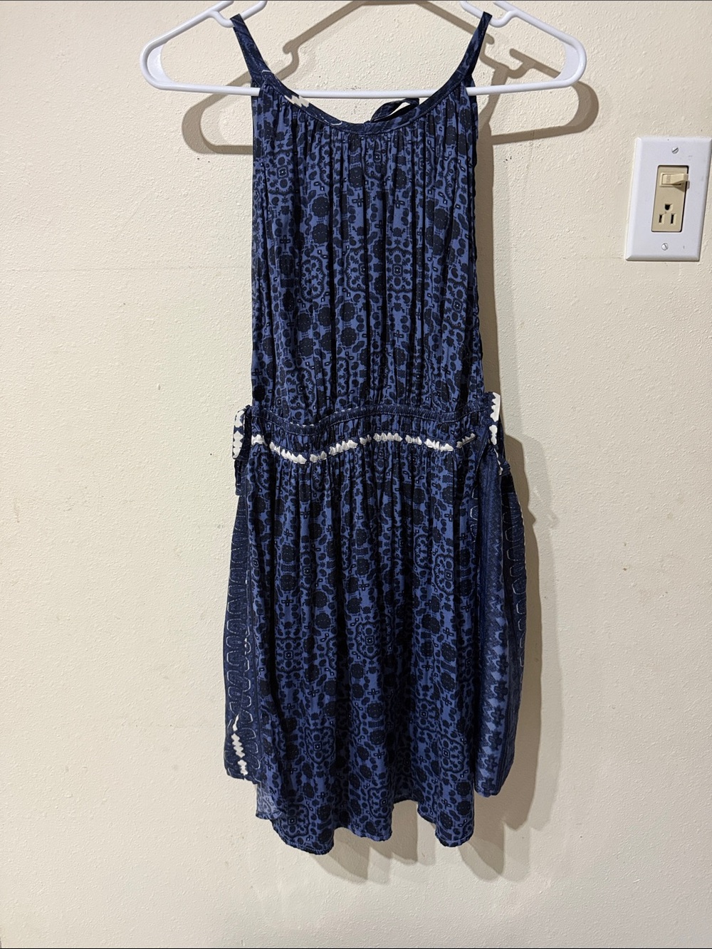 Free People Navy Blue Patterned Sleeveless Mini Dress Tie Back